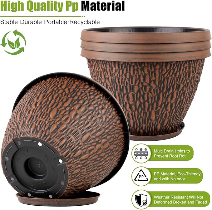 4 Pack Flower Pots Outdoor, 10 Inch Plant Pot with Drainage Hole & Tray, Thickened Plastic Planters for Indoor Outdoor Plants, Lightweight Brown Decorative Garden Pot with Saucer