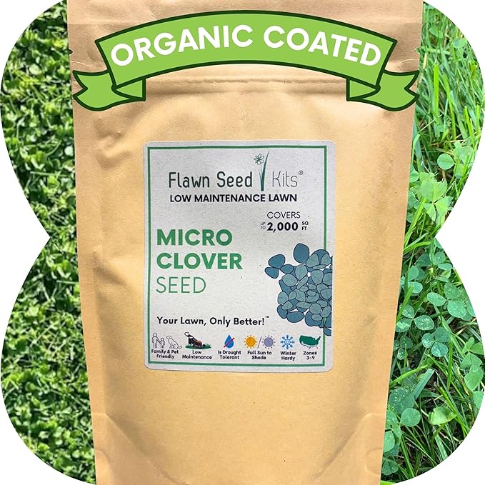 Flawn Seed Kits Micro Clover Seed, 8.8 oz, Organic Coated, Eco-Friendly, Low Growing, Low Maintenance, Lawn Alternative, Kraft Zipper Pouch, Covers up to 2,000 Sqft