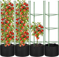 4 Pack Tomato Cages 55 x 12 Inch for Garden with 11 Gallon Round Grow Bags Planter Pots with Heavy Duty Triangle Trellis Plant Stakes Support Frames for Cucumber Vegetables Flowers