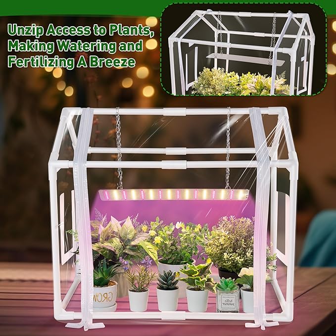 Meonum Mini Greenhouse for Indoor Outdoor, Portable Green House with 15W Plant Dimmable LED Grow Lights, Timer, 3 Light Color Mode for Indoor Outdoor Seed Starter Tray(23.6"x15.7"x19.6")