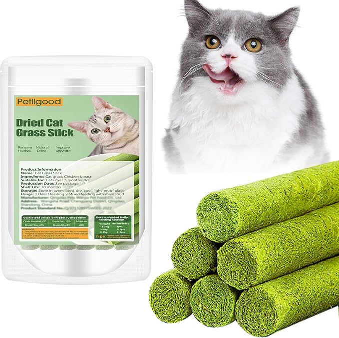 Petllgood 120g Cat Grass Teething Stick, Freeze Dried Cats Grass Stick Edible Cat Chew Toy for Teeth Cleaning Dental Health and Hairball Removal
