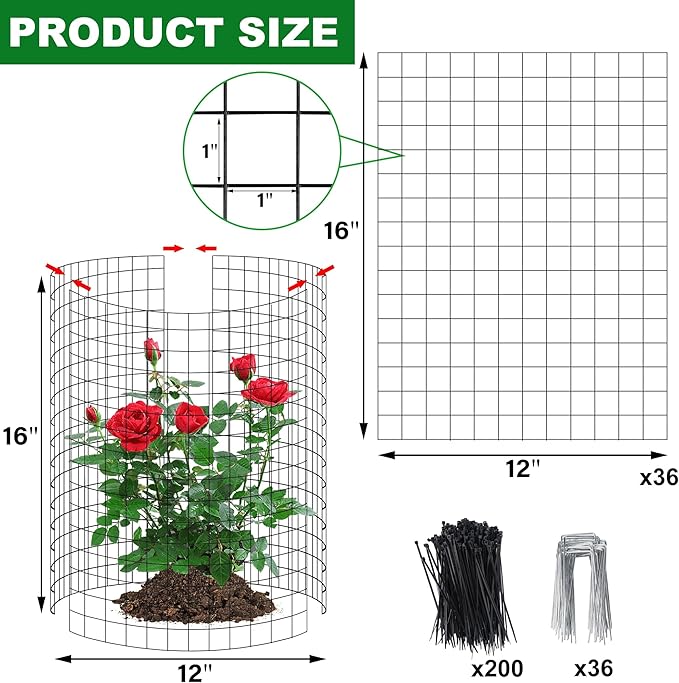 winemana 12 Set Garden Plant Protector Cage, 16x12 in Metal Wire Protectors for Plants, Protection Cages with Stakes & Ties, Animals Barrier to Keep Rabbit & Chicken Away from Flower Vegetables(Black)