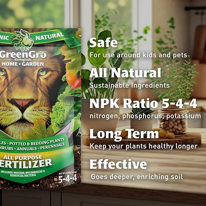 GreenGro All Purpose Organic Fertilizer - Outdoor & Indoor Plant Food/Great for Vegetable Gardens & Houseplants/Advanced Nutrients Derived from Fish Meal & Bone Meal/Biochar & Humic Acid (4 Lb)