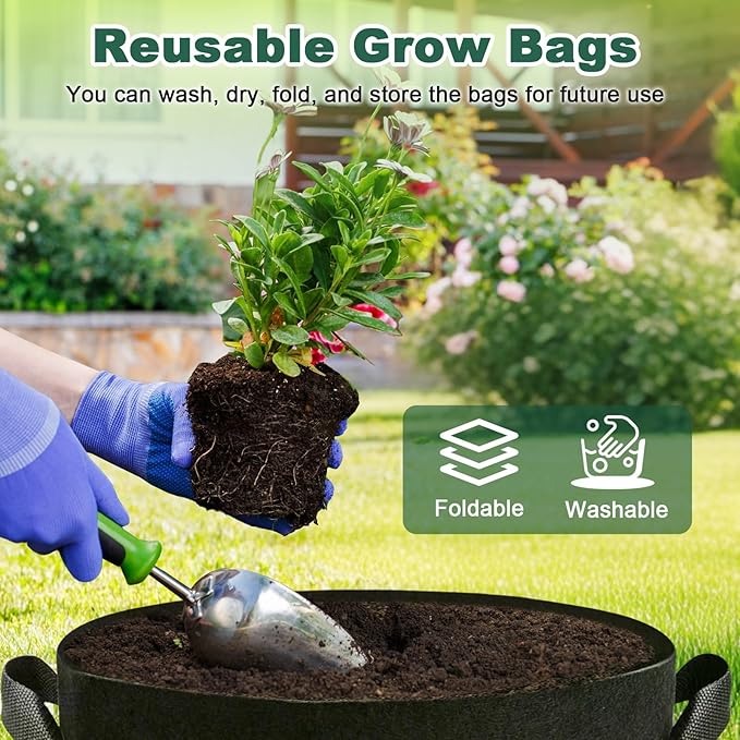5 Pack 7 Gallon Grow Bags with Handles, Thickened Aeration Nonwoven Fabric Garden Growing Bags Heavy Duty 300G for Tomato, Potato, Strawberry, Vegetable, Fruits and Flowers
