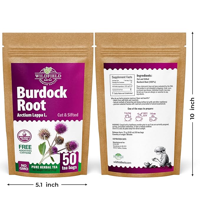 Wildfield Herbs 50 Bags Burdock Root Tea Herb Dried Burdock Root Tea Herb (Arctium Lappa Root) - 50 Count 1.5g Bags Bardana