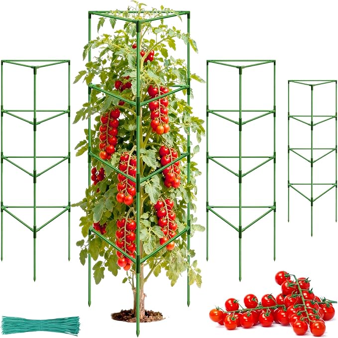 Halatool 57 Inch Tall Tomato Cages, 4 Pack Heavy Duty Metal Plant Supports Stakes for Garden, Adjustable Foldable Steel Trellis for Climbing Plants Cucumbers Peppers Cherry Flowers Vegetables Fruits
