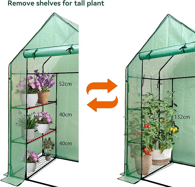 Heyfurni Walk in Greenhouse with Shelves,Walk-in Plant Green House with Durable Green PE Cover, 3 Tiers 6 Shelves Stands with Ground Pegs & Ropes for Stability, 56"x28"x76"