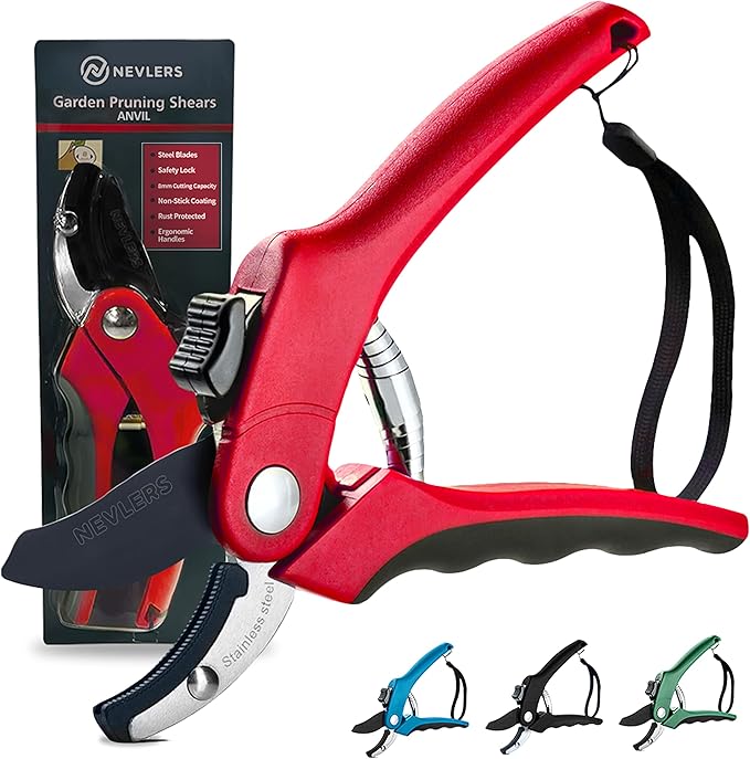 Nevlers 8" Anvil Pruning Shears for Gardening | Hand Pruners for Gardening w/Stainless Steel Blades, 8mm Cut Cap | Garden Clippers Handheld w/Safety Lock | Pruning Shears Heavy Duty Design — Red