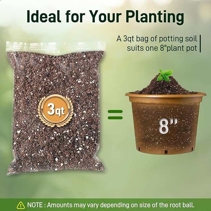 3QT Potting Soil Mix for Indoor Plants - Contains Perlite, Peat Moss, Coco Coir & Rice Charcoal, Natural & Organic Material with Well-Draining, Light & Aerated Texture for Healthy Roots & Fast Growth