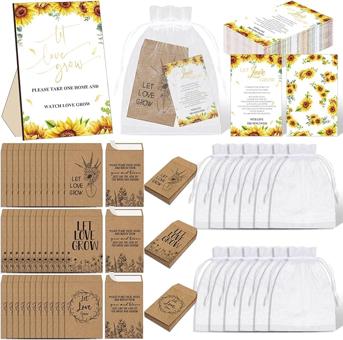 Ireer 301 Pcs Sunflower Wedding Favors for Guests Set Include 1 Wooden Sign 100 Let Love Grow Seed Packets Self Adhesive Wedding Envelopes 100 Let Love Grow Cards 100 Bags for Guest Bridal Shower