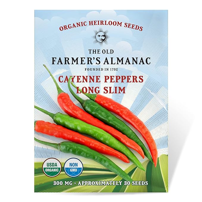 The Old Farmer's Almanac Organic Cayenne Pepper Seeds (Long Slim) - Approx 30 Seeds - Certified Organic, Non-GMO, Open Pollinated, Heirloom