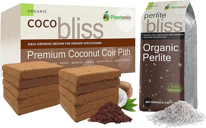 Coco Bliss 250gm Bricks (10-Pack) + Perlite Bliss (8 Qts) - Organic Coco Coir for Plants & Horticultural Perlite for Plants - Coconut Coir Bricks - Bulk Garden Soil & Potting Soil Mix