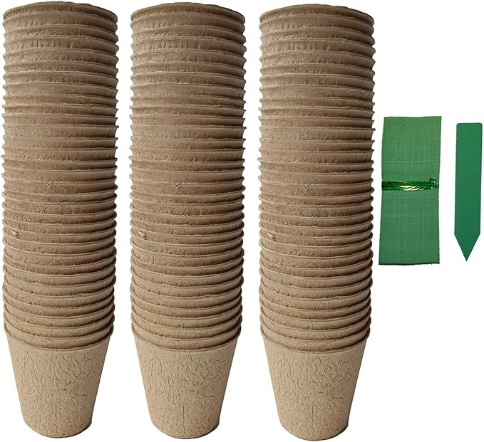 FDGARDEN 100 Pack 3 inches Biodegradable Seedling Peat Pots for Plants Seed Starter, Indoor Planting Cups for Seedlings with 100 Pack Plant Markers