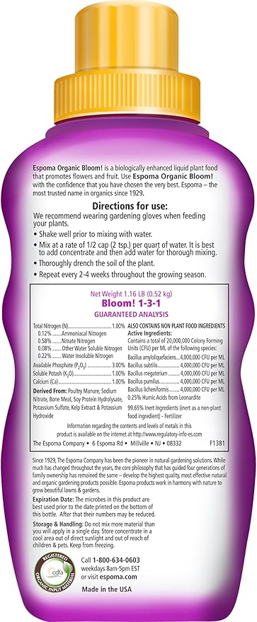 Espoma Organic Bloom! 16-Ounce Concentrated Plant Food – Plant Fertilizer and Bloom Booster for All Flowering Plants. Promotes Vigorous Growth and Blooming