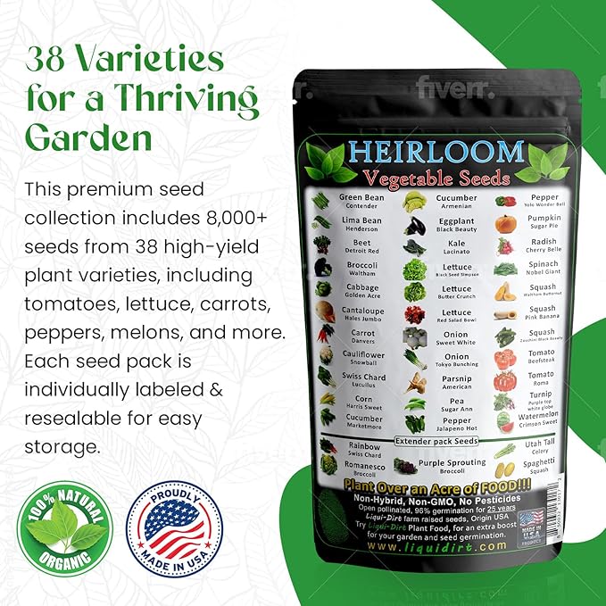 Heirloom Fruit and Vegetable Seeds - 38 Varieties, Over 8,000 Non-GMO, Non-Hybrid, Chemical-Free Seeds for Survival Garden Seed Bank
