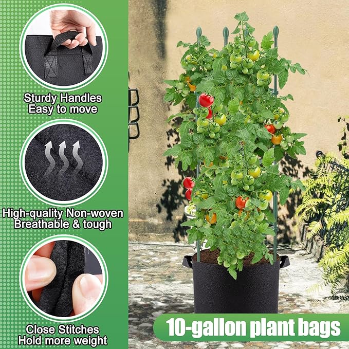 3 Sets Tomato Cages with 10-Gallon Sturdy Grow Bags, 48.5" Planter Support Trellis Pots Kit for Garden, Flowers Vegetable Cages for Cucumbers Eggplants Vertical Climbing Plants Vines