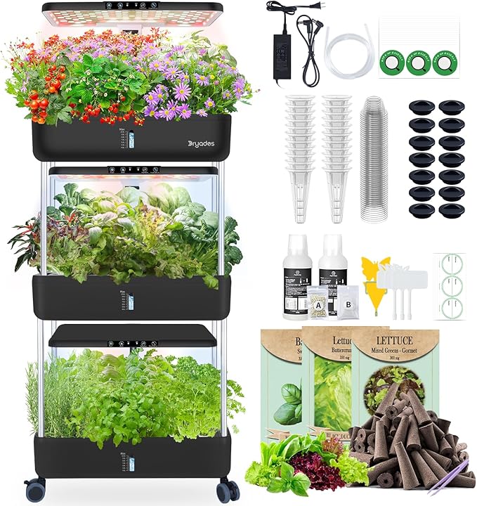DRYADES 66-Pod Indoor Hydroponic Growing System + 3 Free Seeds Starter Kit (Lettuce, Salad Mixed, Basil Seeds) – Dual 53W Full-Spectrum LED, 10-L Water Tank, 3-Tier Grow Pods (66 Pods)
