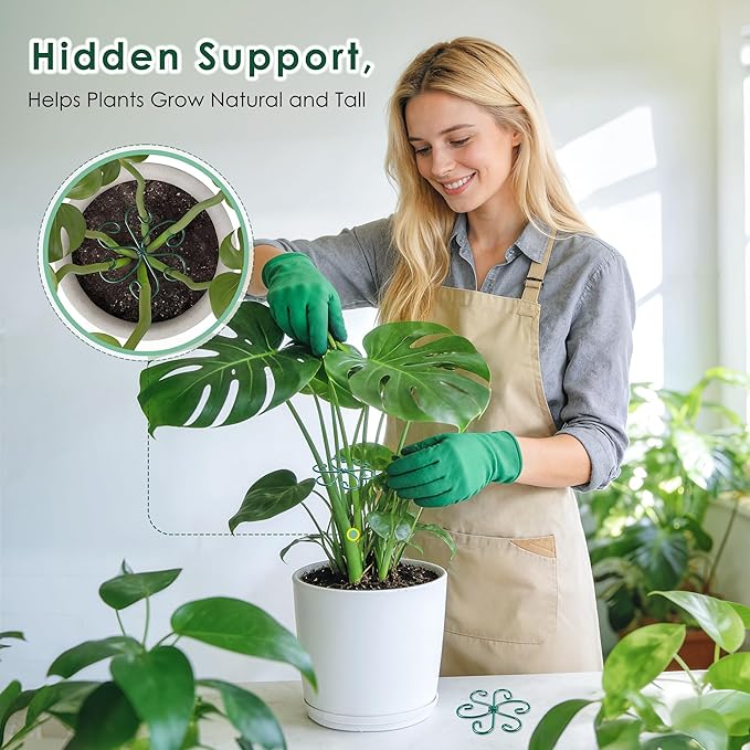 RELBRO Plant Stem Supports, 4.3 Inch Monstera Holder Support Metal Plant Stabilizer for Indoor Outdoor Potted Plants Growing Upright, Green, 6 Pcs