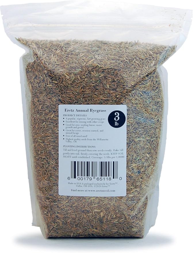 Annual RyeGrass Seed by Eretz - Willamette Valley, Oregon Grown. No fillers, No Weed or Other Crop Seeds (3lb)