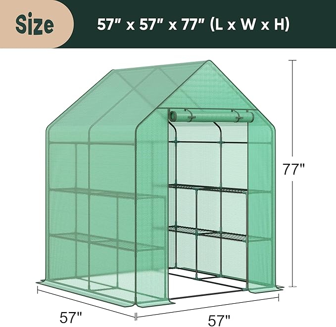 LEMY Walk-in Greenhouse for Outdoors,2-Tier 8 Shelves Heavy-Duty PE Cover with Roll-Up Zipper Door and Windows,Steel Frame Plant Hot House with Anchors,Ropes for Garden,Patio