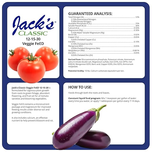 Jack's Classic 12-15-30 Veggie Feed Water-Soluble Fertilizer with Micronutrients, 4lbs - Plant Growth and Abundant Fruit Set in Blooming Vegetable Plants