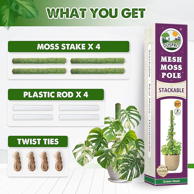 DUSPRO Green Stackable Mesh Moss Pole for Plants Climbing Vine Supporting Monstera Trellis, for Indoor Plants Extendable Plant Pole Moss Sticks, for Plants Monstera Potted Plant Stakes 1 Pack 22''