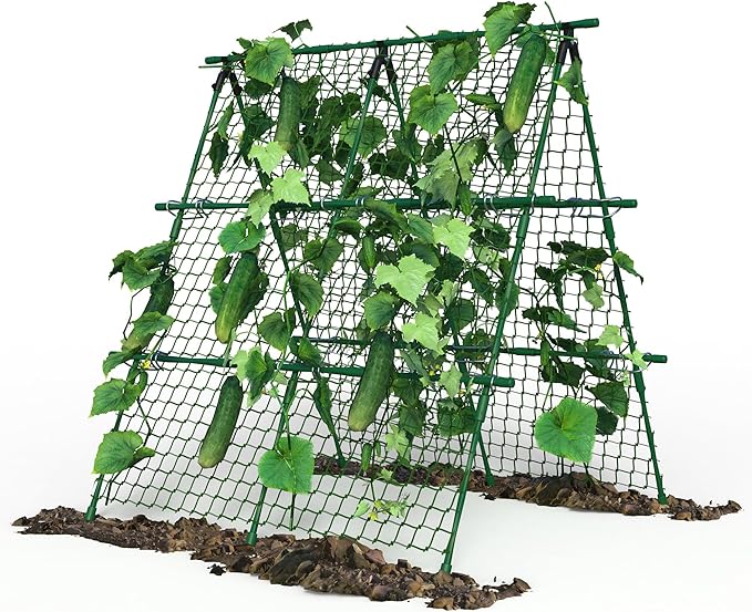 Garden Trellis for Climbing Plants, 4x4 ft Metal A-Frame with Support Netting, Outdoor Vegetable Trellis for Tomatoes Cucumbers Peas Beans Grape Vines, Fits Raised Beds, Green