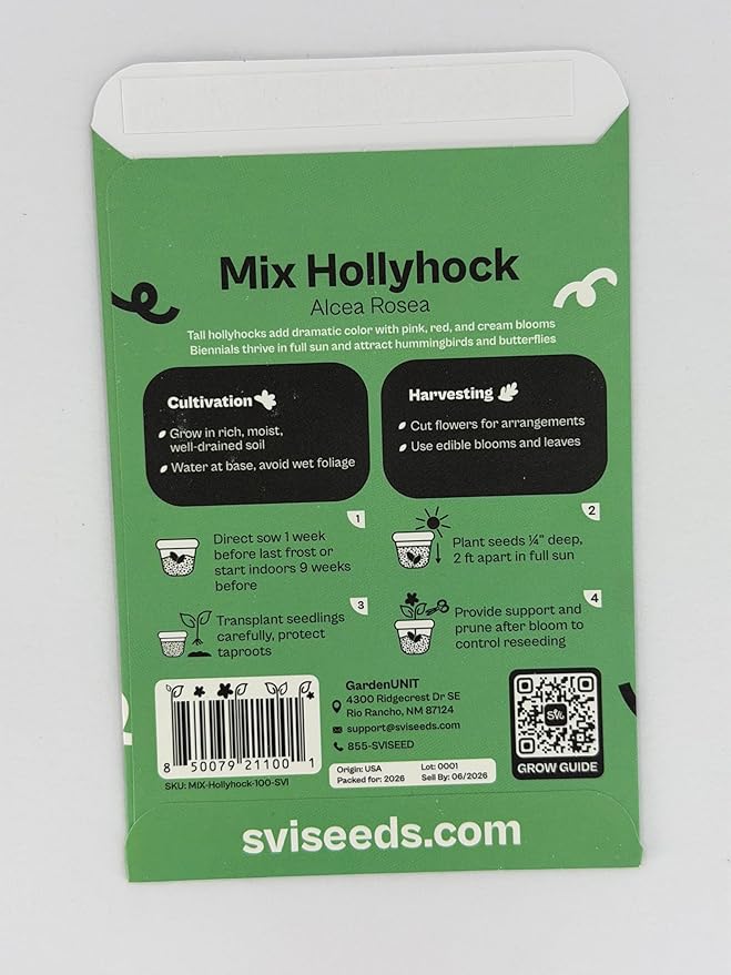 SVI 100 Mix Hollyhock Seeds (Alcea rosea) - Mallow, Common Hollyhock Seed Packets, Attracts Hummingbirds - Heirloom Flower Seeds for Outside & Inside, Meadows, Fences, Beds