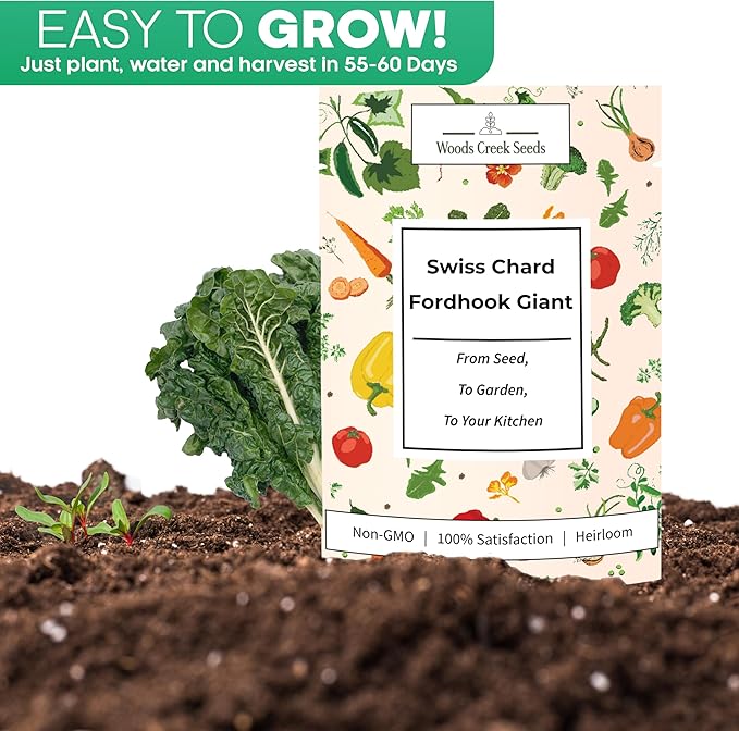Woods Creek Seeds: Fordhook Giant Swiss Chard Seeds for Planting - Heirloom Fordhook Chard for Planting - Non-GMO Seed Pack for Home Gardening - Easy-Grow for Containers, Raised Beds, and Outdoors