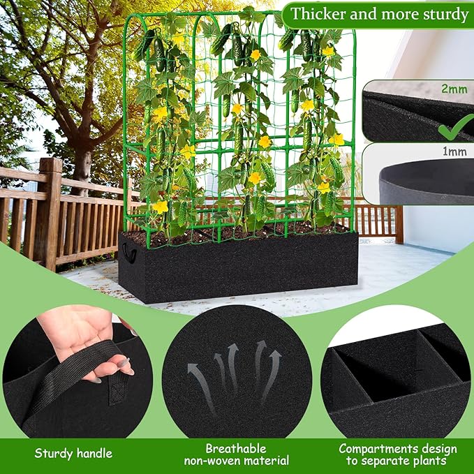 65"H x 50"W Cucumber Trellis with Grow Bag & Netting, U-Frame Metal Plant Support, Heavy-Duty Steel & Plastic, Green & Black, Rectangular, Climbing Plant Support Structure