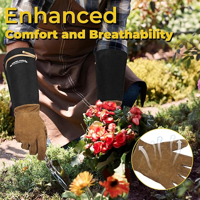 HANDLANDY Long Gardening Gloves for Men & Women, Pigskin Leather Rose Pruning Gloves, Breathable Thorn Proof Gauntlet Glove (Brown-Pigskin, L)