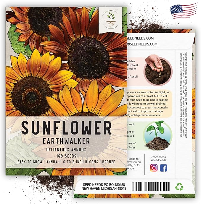 Seed Needs Earthwalker Sunflower Seeds for Planting Rustic Sunflowers - Heirloom & Open Pollinated Flower Seed to Plant an Outdoor Wildflower Butterfly Garden (1 Pack)
