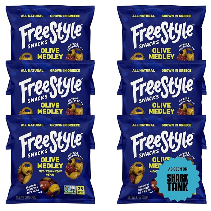 Freestyle Snacks Olive Snack Packs - As Seen on Shark Tank - Single Serve - Fresh Pitted Olives, Grown in Greece, All Natural, Non-GMO, Sugar-Free, Salty - Mediterranean Herb, 1.1oz (6 Pack)