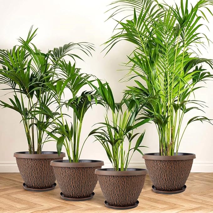 4 Pack Flower Pots Outdoor, 10 Inch Plant Pot with Drainage Hole & Tray, Thickened Plastic Planters for Indoor Outdoor Plants, Lightweight Brown Decorative Garden Pot with Saucer