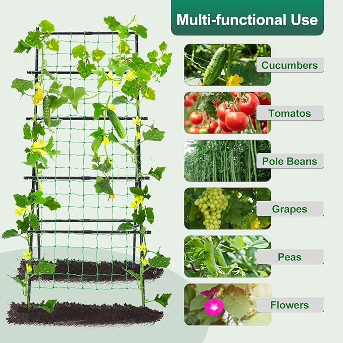 Cucumber Trellis A Frame Garden Trellis, Vertical Plant Support with Netting for Raised Bed Backyard Gardening, PE Coated Steel Climbing Trellis for Cucumbers Tomatoes Beans