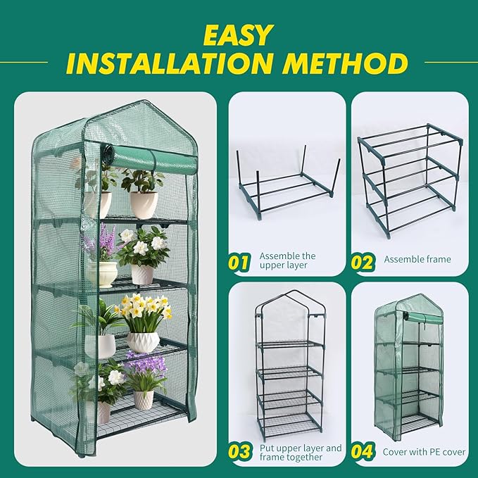 MaxWorks 4-Tier Portable Walk-in Greenhouse – 27" x 19" x 63" – Tall Mini Plant Grow House with Clear PE Cover & Steel Frame – Indoor/Outdoor Shelter for Seedlings, Herbs, or Flowers (51962)