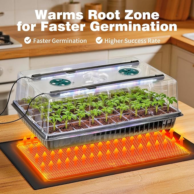 60 Cell Seed Starter Tray Kit with Grow Light, 3.8" Humidity Dome and 20.47" Heat Mat - Indoor Seed Germination Station for Faster Planting, Complete Gardening Kit for Vegetables, Herbs, Microgreens