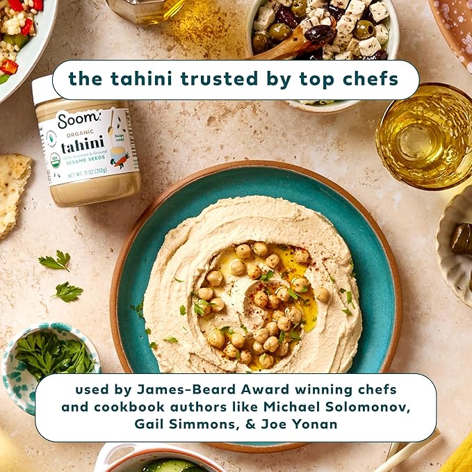 Soom Foods Organic Tahini 11oz (1 Pack) | Roasted & Ground Sesame Seed Paste | Creamy Tahini for Dubai Chocolate, Hummus, Sauces | Vegan, Nut-Free, Gluten-Free, Kosher, Keto, Paleo, Whole30