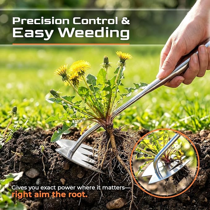 Upgraded Weed Puller Tool, 4-Tooth Stainless Steel Manual Weeder, Garden Weed Remover Tool for Vegetable Gardening Backyard Farm Planting & Weeding