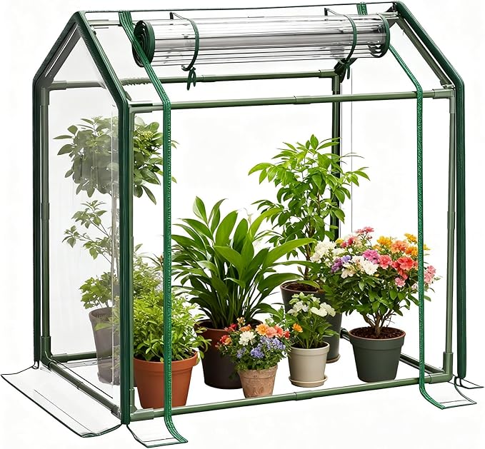 Mini Greenhouse with Zippered Doors & Roll-up Windows, Elevated Bottom Portable Plant Hot House with Durable PVC Cover, Water Resistant, UV Protected for Outdoor Flowers, Vegetables
