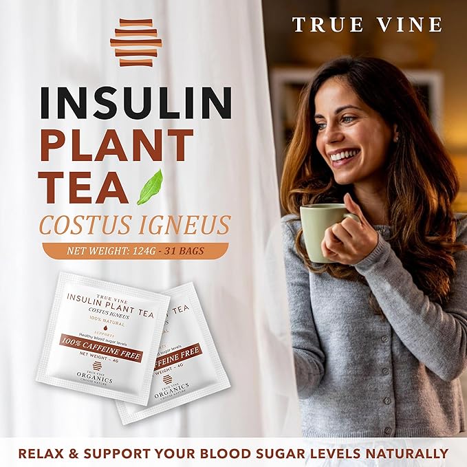 True Vine Insulin Plant Tea (USDA Organic) — Herbal Organic Tea Bags for Blood Sugar Support, Digestive Wellness & Metabolic Balance — 100% Natural, Caffeine-Free, No Additives – 31 Sachets (4g Each)