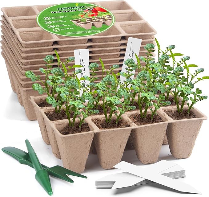 QDBNW 120 Cells Seed Starter Tray Kit, Biodegradable Peat Pots for Seedlings Trays, Plant Starter Seed Germination Kit with 20 Labels and 2 Transplant Tools (10, 120 Cells)