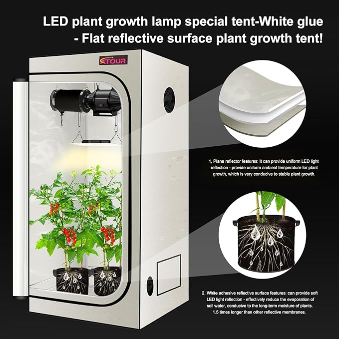 ATOUR LED Grow Light Specil Tent, High Reflective PE Film Grow Tent, 1680D High Strength Canvas Plant Tent with Observation Window & Floor Tray for Hydroponics Indoor Plant (24"x24"x48")