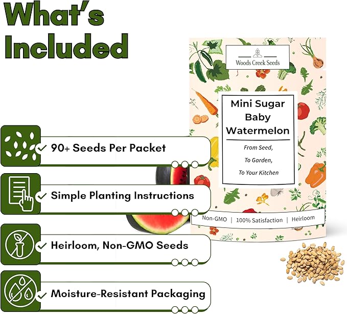 Sugar Baby Watermelon Seeds for Planting - Heirloom, Non-GMO Mini Watermelon Seed Pack, Small Bush Melon Seeds Variety for Home Gardens & Outdoors | Woods Creek Seeds