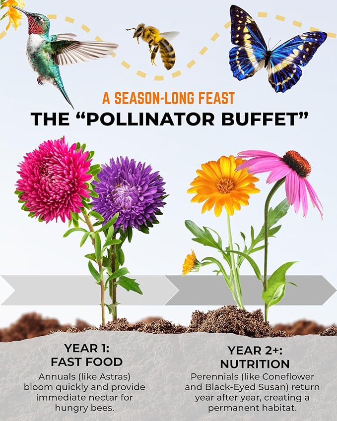 Tactiko Garden 26 Wildflower Seeds Mix, 120,000+ 4 oz Save The Bees Wildflower Garden Seeds, Annual & Perennial Pollinator Seeds to Attract Bees, Butterflies & Hummingbirds, Up to 600 sq ft Coverage