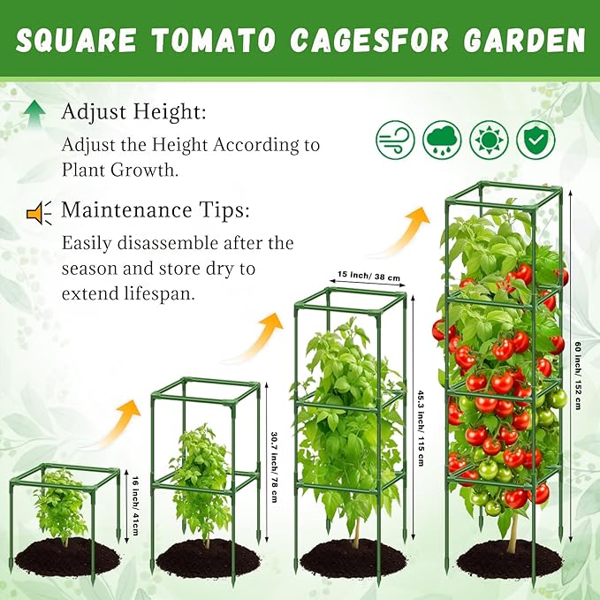 Riare 4 Pack Square Tomato Cages for Garden Plant Support- Up to 60 Inch Tomato Cage Garden Stakes Tomato Trellis for Potted Plants Raised Garden Bed Climbing Vegetables Flowers Outdoor Indoor
