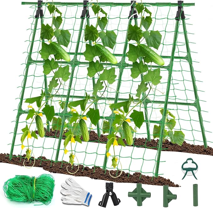 A-Frame Cucumber Trellis for Raised Bed - 47 x 47in, Heavy-Duty Detachable Garden Trellis with Netting & Clips, Support for Climbing Outdoor Cucumber, Tomatoes, Luffa, Bitter Melon, Vining Flowers