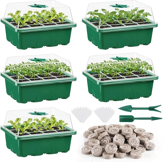 Apipi 5 Pack Seed Starter Kit with 60 Coco Coir Pellets - 60 Cell Seed Starter Trays with Domes for Indoor Greenhouse Germination, Home Gardening System for Vegetables/Herbs/Flowers