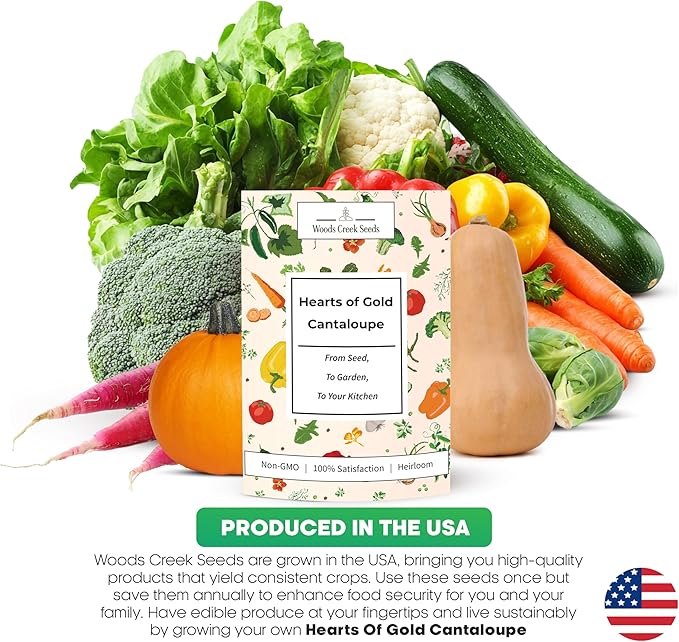 Woods Creek Seeds: Hearts of Gold Cantaloupe Melon Seeds for Planting - Over 90 Heirloom Non-GMO Cantaloupe Seeds for Planting - Beginner Friendly Fruit Seeds for Home Gardening