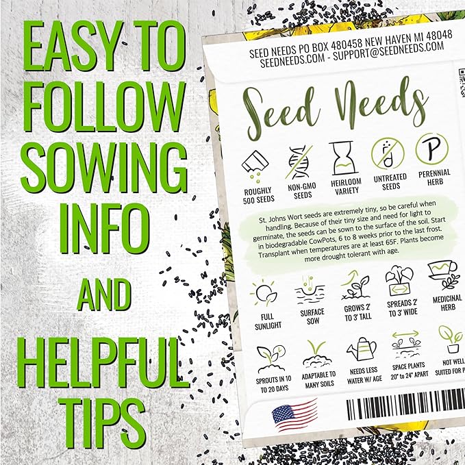 Seed Needs St. Johns Wort Seeds for Planting - Non-GMO Heirloom & Untreated Medicinal Herb Seed to Plant a Home Grown Outdoor or Indoor Garden (5 Packs)